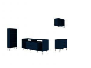 Rockefeller 4-Piece TV Stand Living Room Set with Floating Décor Shelf, Dresser and Bookcase in Tatiana Midnight Blue