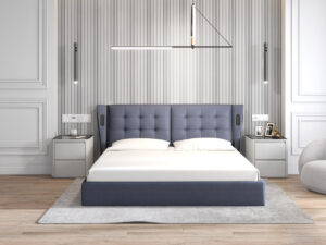 Milan Full Leather Upholstered Queen Size Bed with LED Ligts Slate Blue