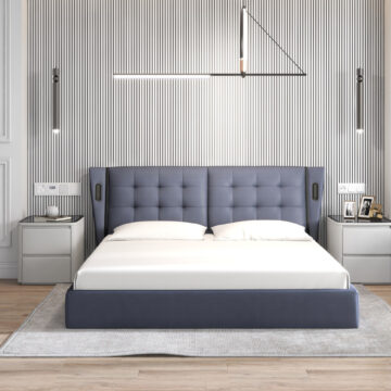 Milan Full Leather Upholstered Queen Size Bed with LED Ligts Slate Blue