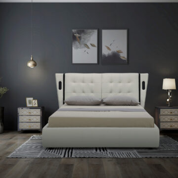 Milan Full Leather Upholstered Queen Size Bed with LED Ligts White