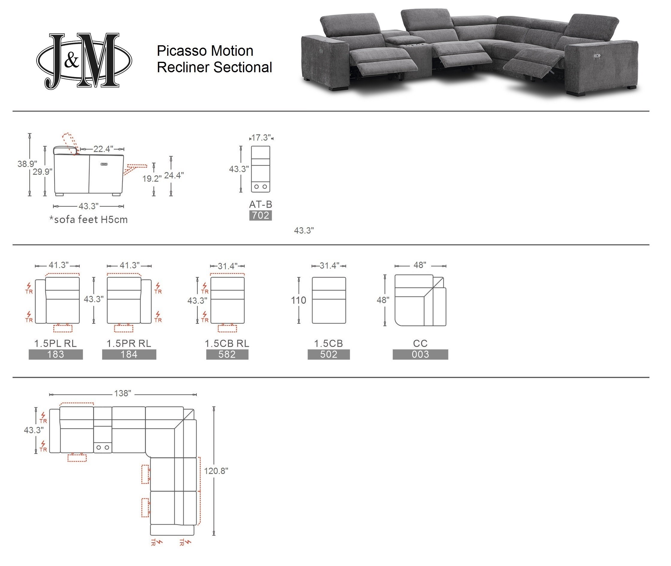Picasso 6Pc Fabric Motion Sectional In Dark Grey - Image 5