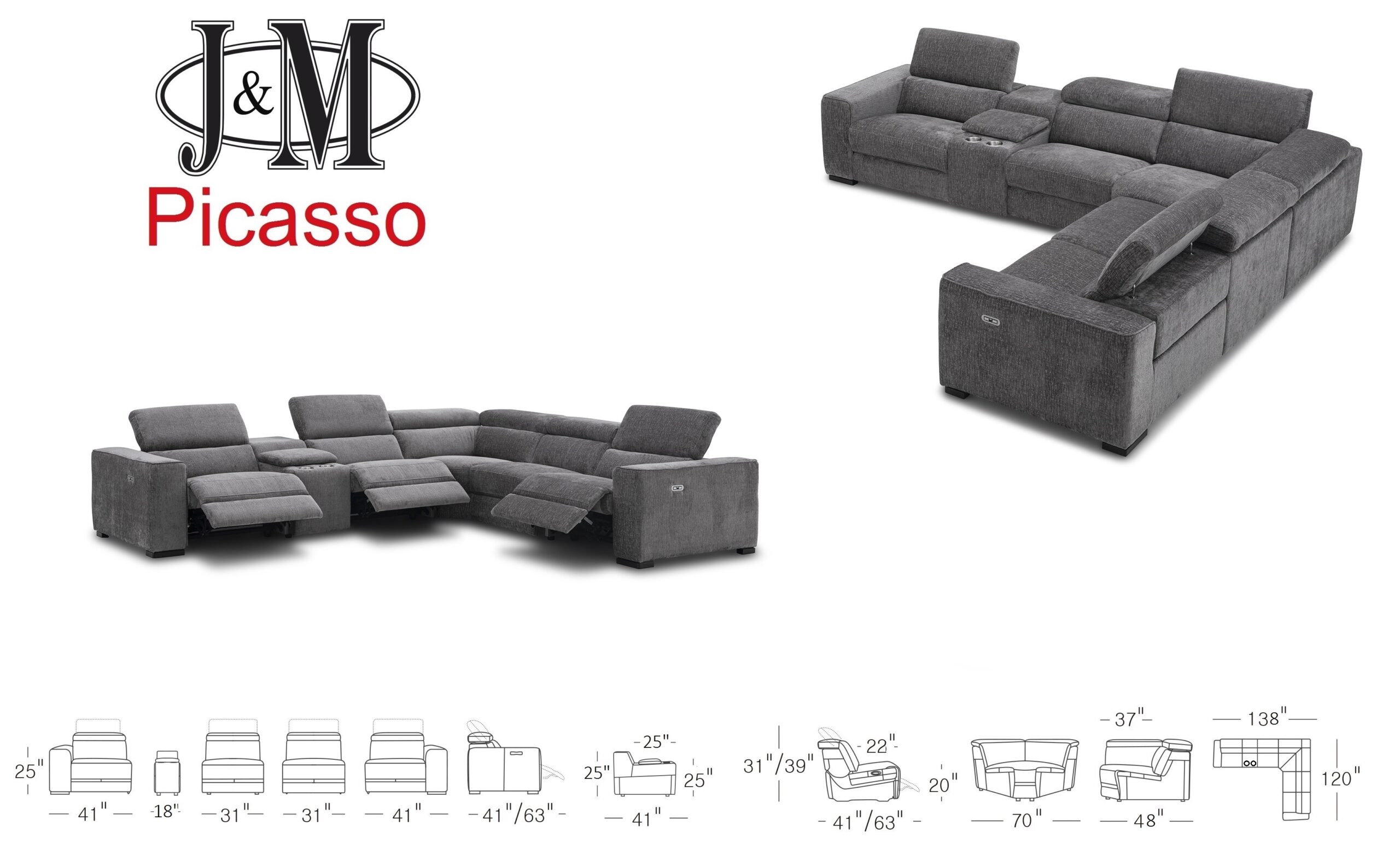 Picasso 6Pc Fabric Motion Sectional In Dark Grey - Image 4
