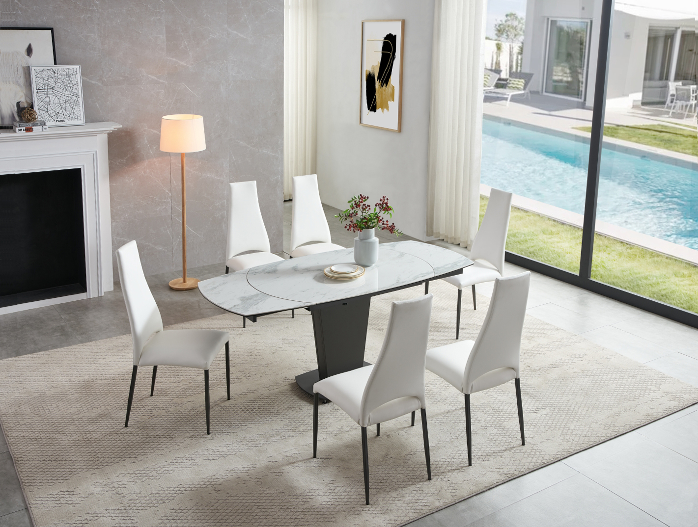 2417 Marble Table White with 3405 White Chairs - Image 2