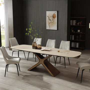 9368 Table Taupe with 1239 swivel beige chairs