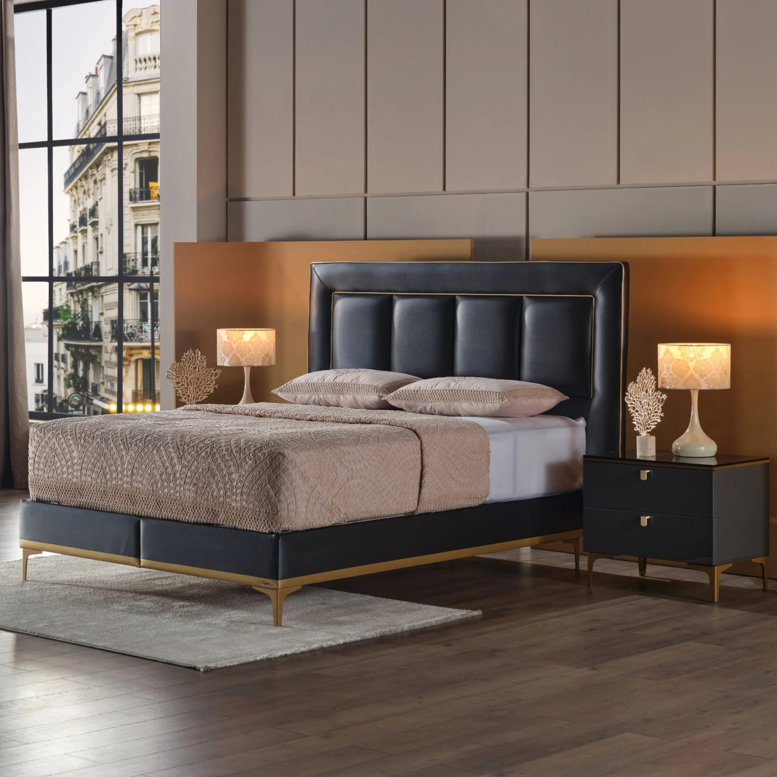Carlino Black Leather Storage Bedroom Set – Queen & King Size — King / Bed Only